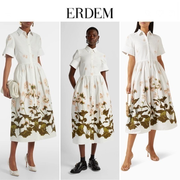 ERDEM Dresses & Skirts - ERDEM Short-Sleeve Midi Shirt Dress in Cotton White and Green Floral 0 NWT 1345$